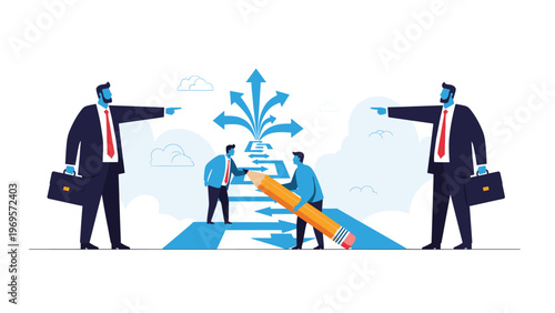 Two small businessmen using a large pencil to draw a path with multiple arrows while two giant business figures watch, representing guidance and planning.