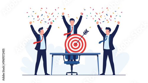 Group of successful business people celebrating with their hands raised and colorful confetti as an arrow hits the bullseye of a target on a desk.