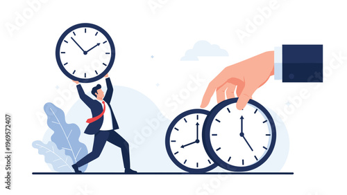 Businessman managing multiple tasks and deadlines while a giant hand places more clocks to symbolize time pressure and work schedule.