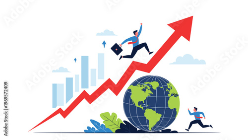 Ambitious businessman running upwards along a rising red growth arrow over the earth globe to represent global market expansion success.