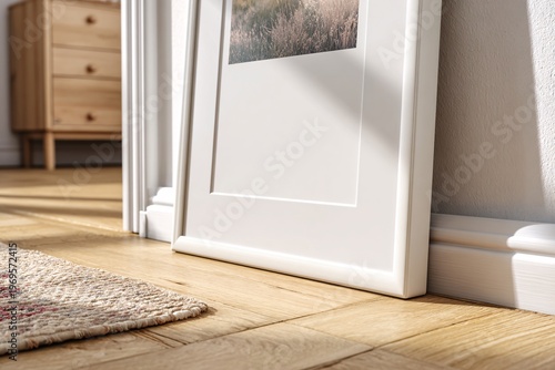Modern minimalist white picture frame leaning on a wooden floor