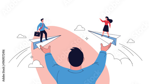 Large hands launching business people on paper planes to fly towards their career goals and explore new professional opportunities.