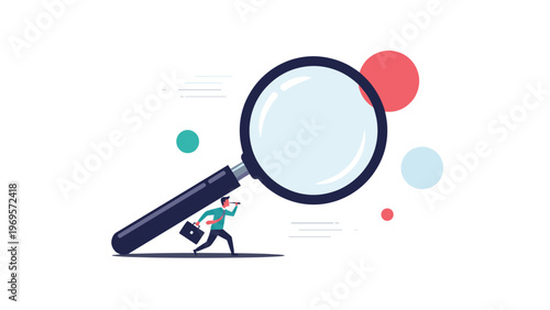 Determined businessman carrying out intensive research and investigation while running under a giant magnifying glass for big discovery.