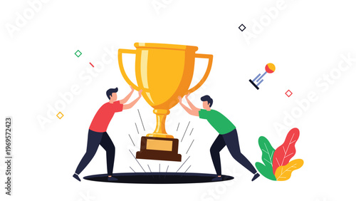 Collaborative team of business colleagues working together to lift a giant golden trophy for celebrating company victory and success.