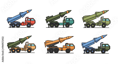 Set of Military Missile Launcher Truck Vectors, Tactical Mobile Rocket Launch System Illustrations Isolated on White Background