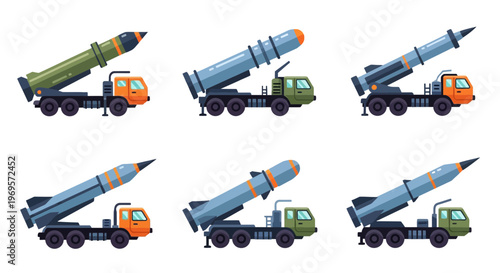 Military Missile Launcher Truck Vector Illustration Set, Tactical Mobile Ballistic Rocket System Isolated on White Background.