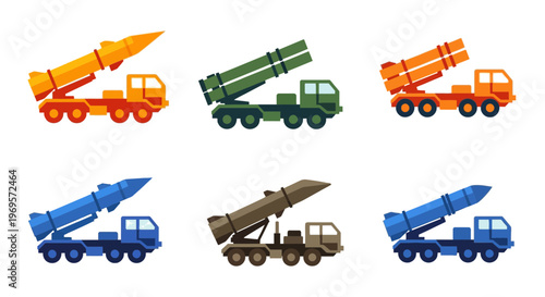 Military Missile Launcher Vehicle Vector Set, Tactical Defense System Icons, Heavy Artillery, and Ballistic Missile Illustration in Flat Design Style.