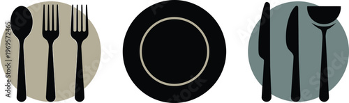 A set of tableware icons with plates and utensils