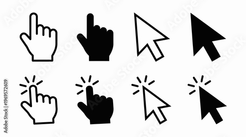 Vector graphic of hand and computer mouse cursor clicking icons