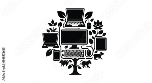 black tree with computer devices and leaves eco friendly technology
