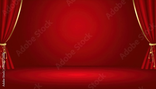 Red curtain with gold trims illuminated by bright spotlight rich red fabric stage curtain with gold trims under spotlight