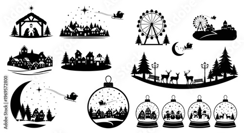 Christmas Scene Silhouettes: Nativity, Village, Santa, Ferris Wheel, Snow Globes