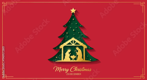 Christmas Tree Nativity Scene with Merry Christmas Text and Ornate Border