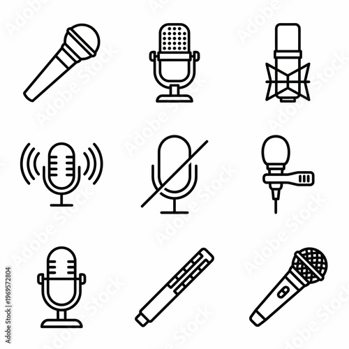 Vector microphone icons set for audio equipment and voice recording