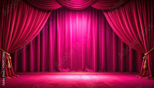 Dramatic stage with red curtains illuminated by spotlight theater stage set with classic red curtains and bright light