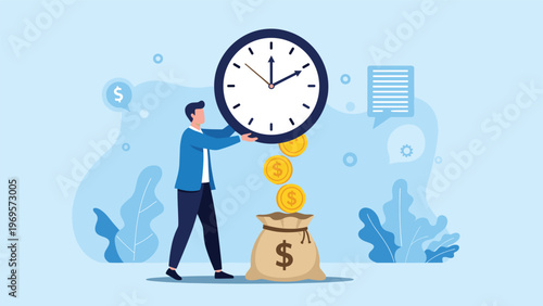 Efficient businessman managing time with a giant clock while gold coins fall into a money bag to symbolize time is money concept.