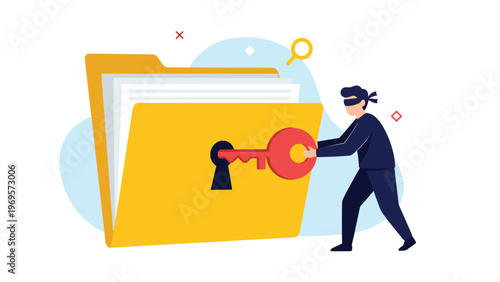 Cyber criminal wearing a mask using a large key to unlock confidential digital files in a yellow folder for data theft.