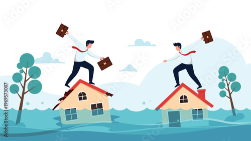 Two businessmen standing on the roofs of their flooded houses while holding their briefcases to show real estate market crisis impact.
