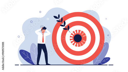 Stressed businessman holding his head in despair while facing a giant target eye to represent the pressure of being constantly monitored.