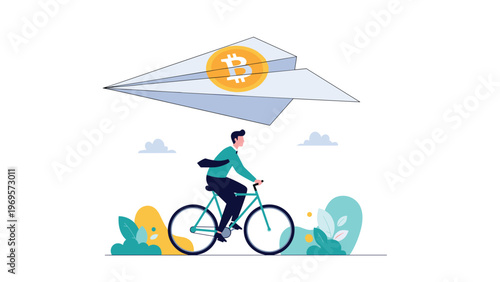 Businessman riding a bicycle under a giant flying paper plane carrying a bitcoin coin to represent fast digital investment growth.