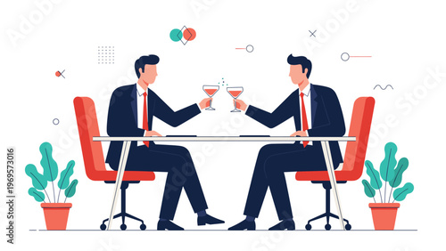 Business colleagues clinking cocktail glasses together during a celebratory meeting at a dining table in office setting.