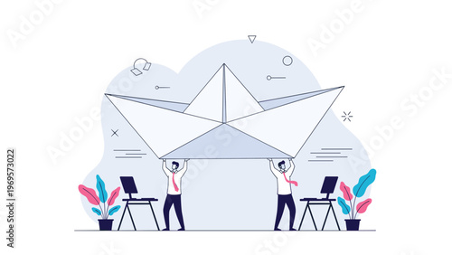 Two business team members working together to lift and support a giant white paper boat in a modern office environment.