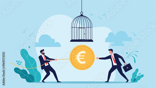 Two businessmen engaged in a tug of war over a large gold euro coin that is being lowered into an open birdcage trap.