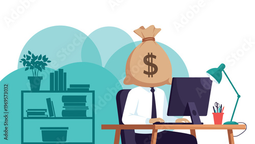 Anonymous worker with a large burlap money bag on their head sitting at an office desk and typing on a computer keyboard.