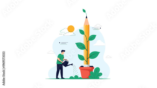 Creative man watering a plant in a pot where a large yellow pencil is growing like a tree trunk with green leaves.