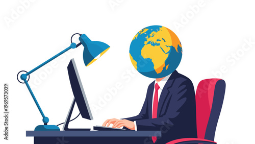 Global businessman with a world globe instead of a head sitting at an office desk and working on a desktop computer.