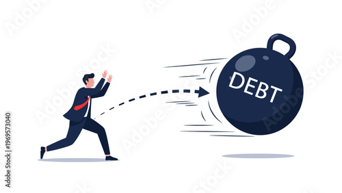 Stressed businessman running away from a massive black bowling ball with the word debt written on it rolling after him.