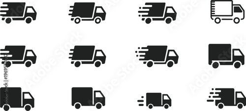 Delivery Truck Icon Set Featuring Express Shipping, Fast Delivery and Logistics Transport Symbols, 24 Hour Free Delivery Signs, Clean Vector Collection for Web, UI and E Commerce Design