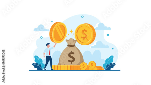 Man standing near a giant burlap money bag and lifting a huge gold coin to add it to his wealth and personal savings.