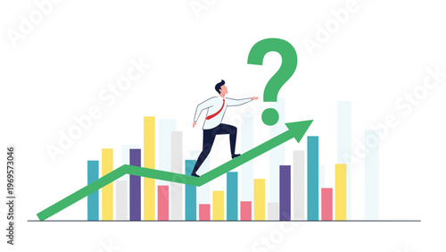 Ambitious businessman climbing up a rising green growth arrow while reaching towards a large green question mark symbol.