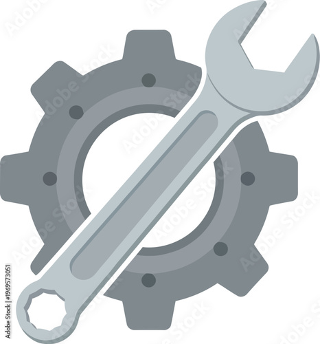 Gray gear icon with a silver wrench placed across it, perfectly symbolizing repair, setup, maintenance, configuration, and essential mechanical tools.