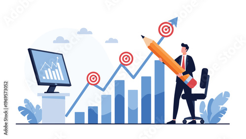 Businessman using a very large pencil to draw a rising growth line with target icons over a bar chart on a blue background.