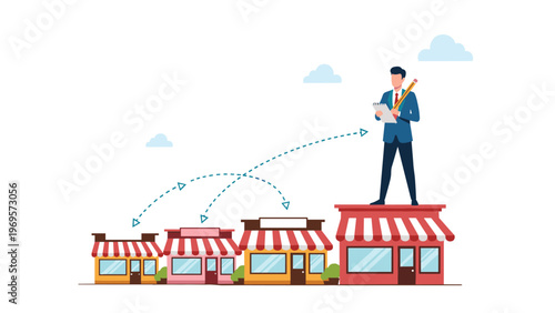 Professional auditor standing on top of a large storefront and making notes on a clipboard while looking at smaller stores.