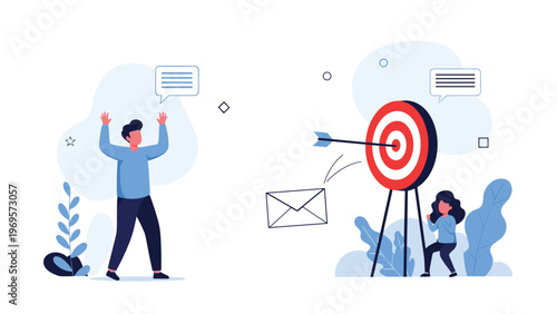 Excited man waving both hands while a female colleague watches an arrow fly from an envelope and hit the bullseye target.