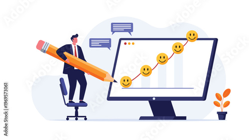 Businessman standing on a chair and using a giant pencil to draw a rising graph of yellow smiley faces on a computer monitor.