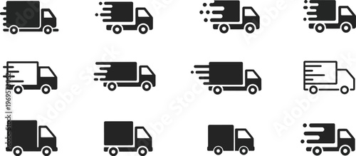 Delivery Truck Icon Set Featuring Express Shipping, Fast Delivery and Logistics Transport Symbols, 24 Hour Free Delivery Signs, Clean Vector Collection for Web, UI and E Commerce Design