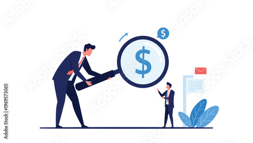 Businessman using a large magnifying glass to inspect a golden dollar sign presented by a smaller colleague in a suit.