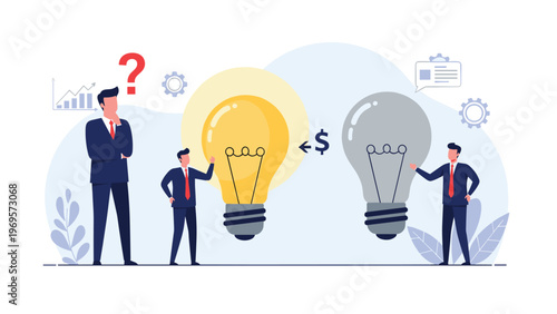 Confused businessman standing near a bright glowing lightbulb and a dim gray lightbulb while considering new creative ideas.