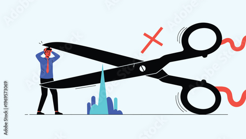 Stressed businessman looking worried as a pair of giant scissors cuts through a rising blue financial growth line chart.