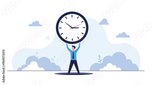 Focused professional man holding a very large analog clock above his head to represent time management and deadlines.