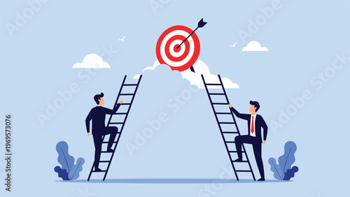 Two competitive businessmen climbing high ladders in the clouds to reach a single red bullseye target at the top.