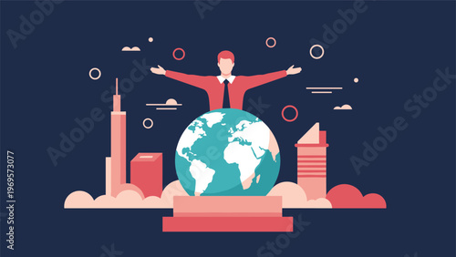 Confident global businessman standing with open arms behind a large world globe with a city skyline in the background.