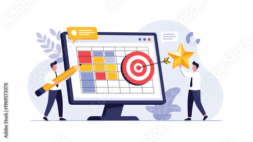 Two team members working with a large computer monitor displaying a project calendar schedule and a red target icon.
