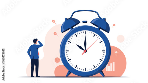 Worried businessman standing and looking at a massive blue alarm clock to represent tight deadlines and time constraints.