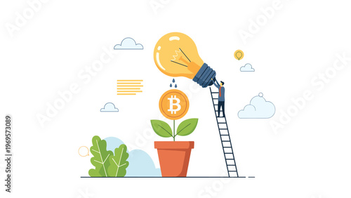 Professional man on a ladder using a glowing lightbulb to water and nourish a small plant growing a golden Bitcoin coin.