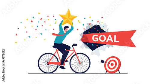 Determined man on a bicycle holding a gold star and breaking through a red paper banner with the word goal written on it.